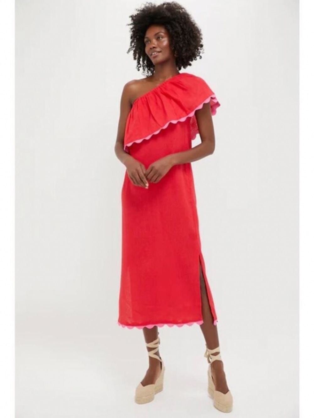 NWOT Tuckernuck Amalfi dress M in hibiscus red linen and pink ric rac